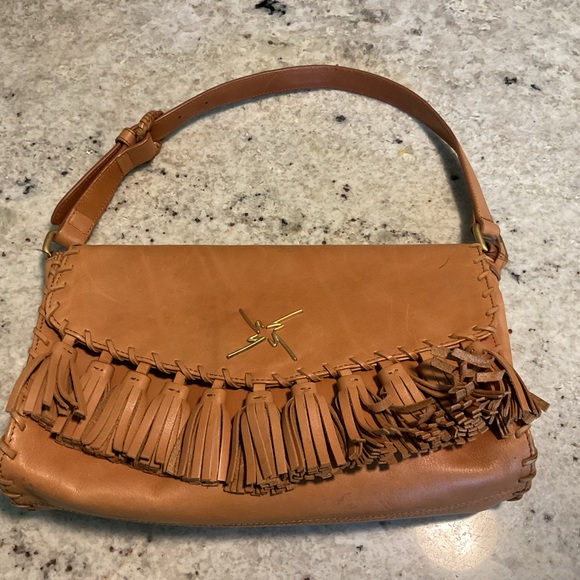 Nicole Miller Tan Leather Fringed Shoulder Purse Adjustable Strap - Picture 7 of 9